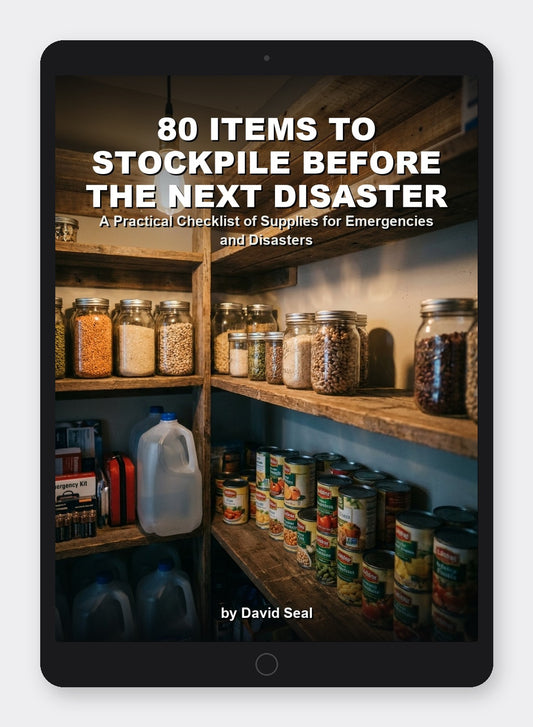 80 Items to Stockpile Before the Next Disaster - shown on a tablet