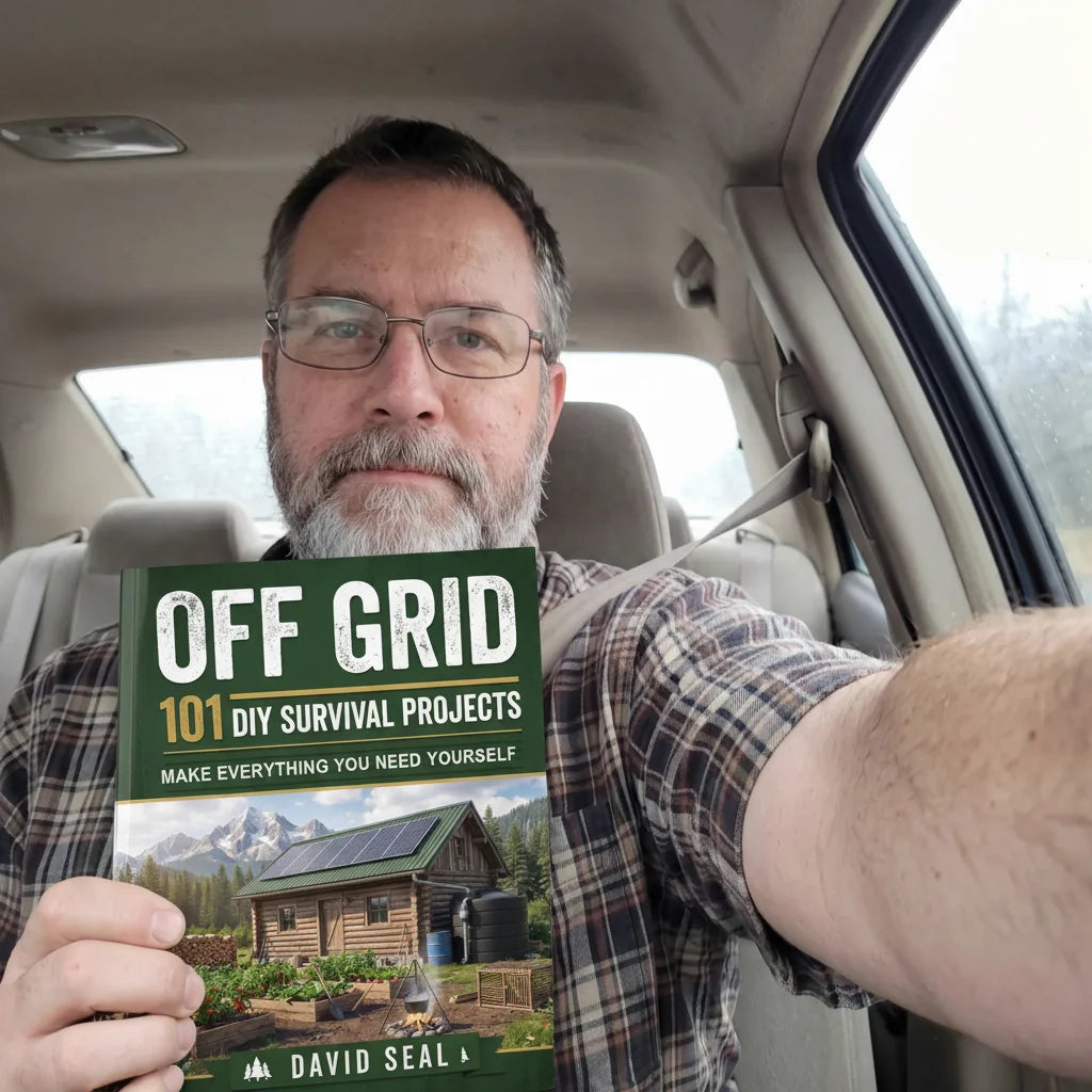 Off Grid: 101 DIY Survival Projects held up in a car