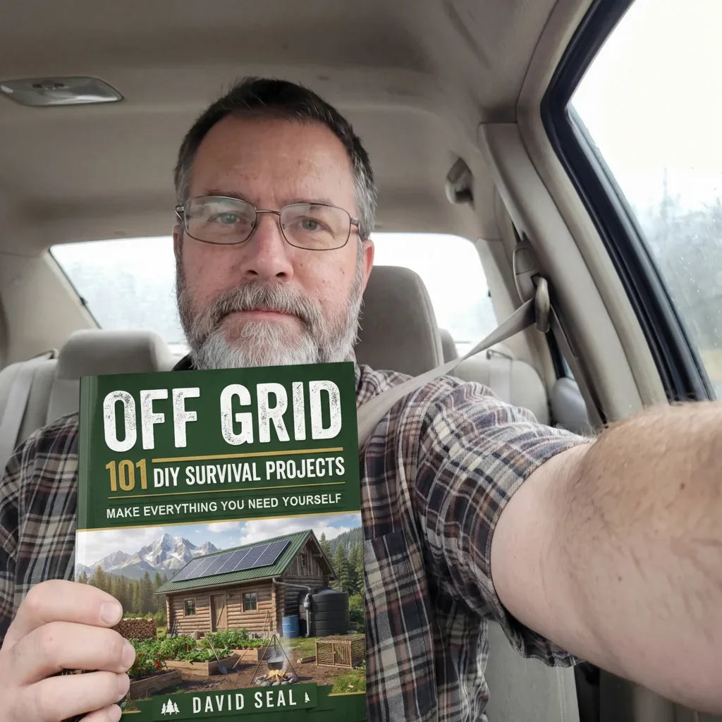 Off Grid: 101 DIY Survival Projects held up in a car
