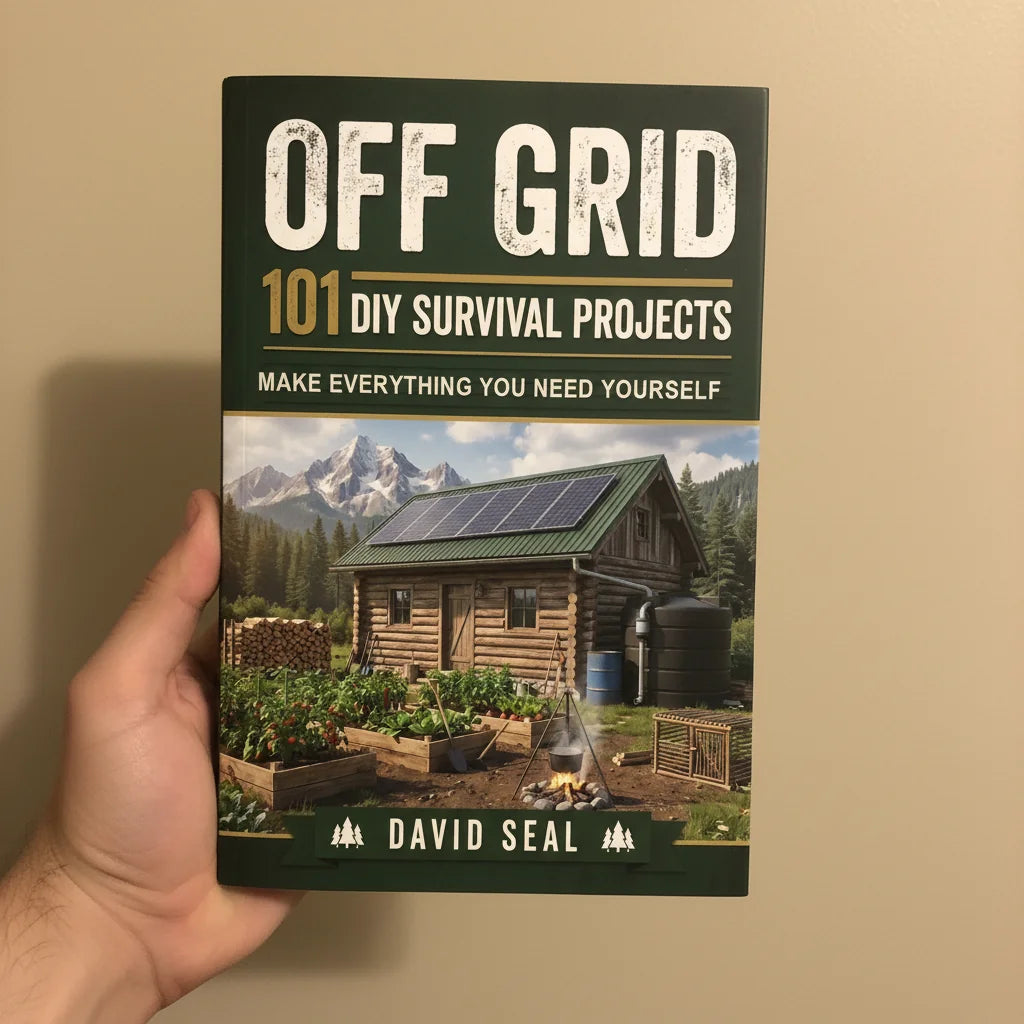 Off Grid: 101 DIY Survival Projects held in one hand against a wall