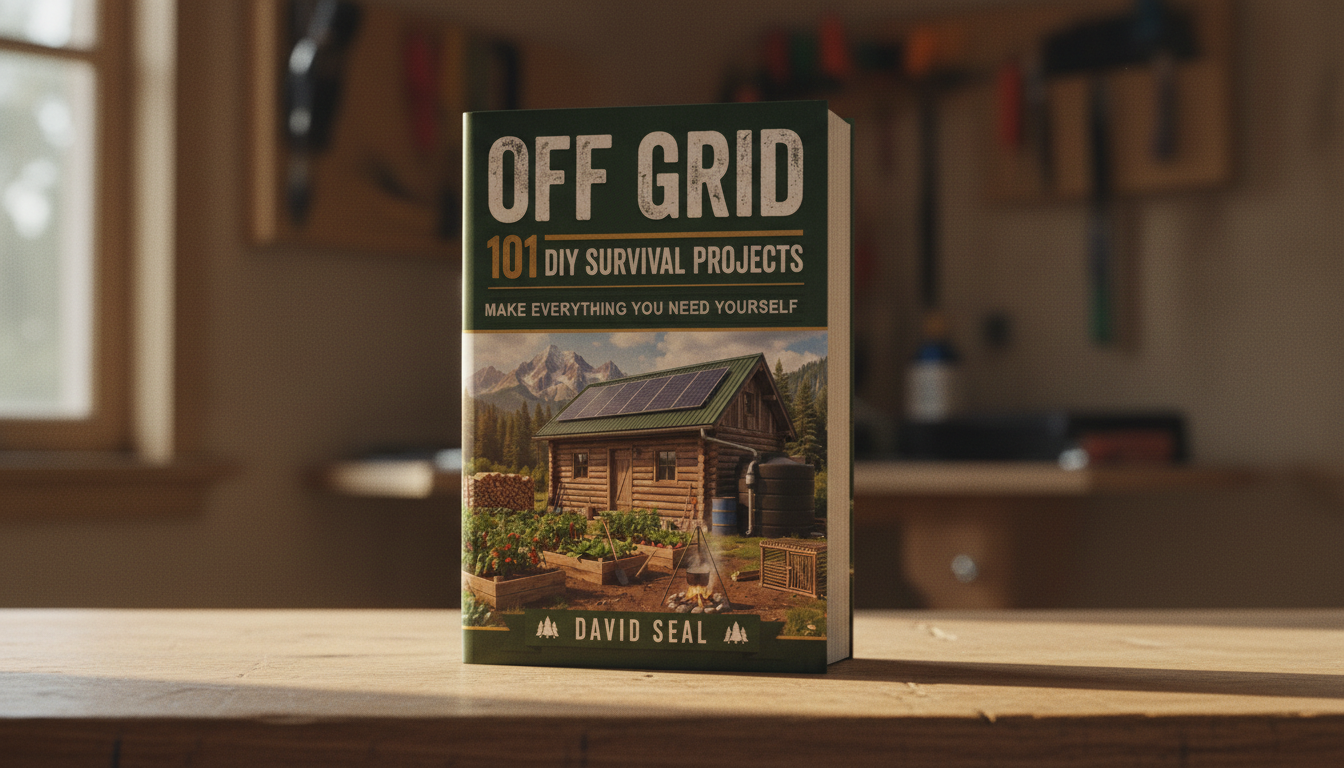 Off Grid: 101 DIY Survival Projects book standing on a wooden workbench