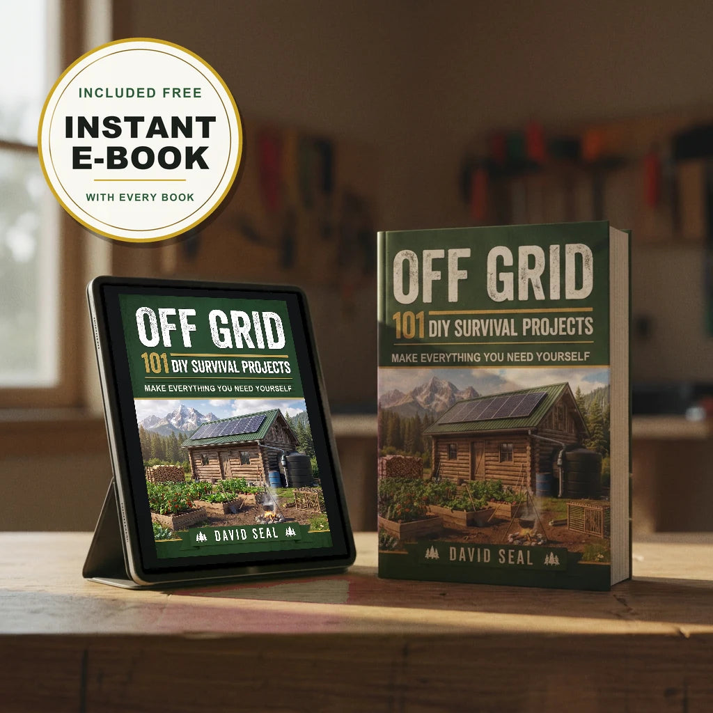 Off Grid: 101 printed book beside the e-book edition on a tablet, instant e-book included free with every book