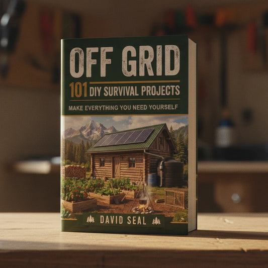 Off Grid: 101 DIY Survival Projects printed book standing on a workbench
