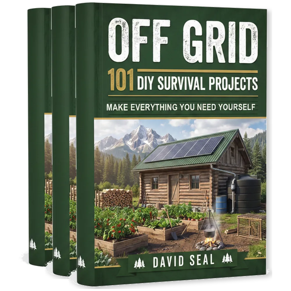 Three printed copies of Off Grid: 101 DIY Survival Projects