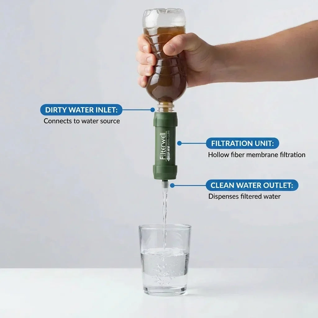 Filter demo with labels: dirty water inlet connects to water source, filtration unit with hollow fiber membrane, clean water outlet dispenses filtered water into a glass