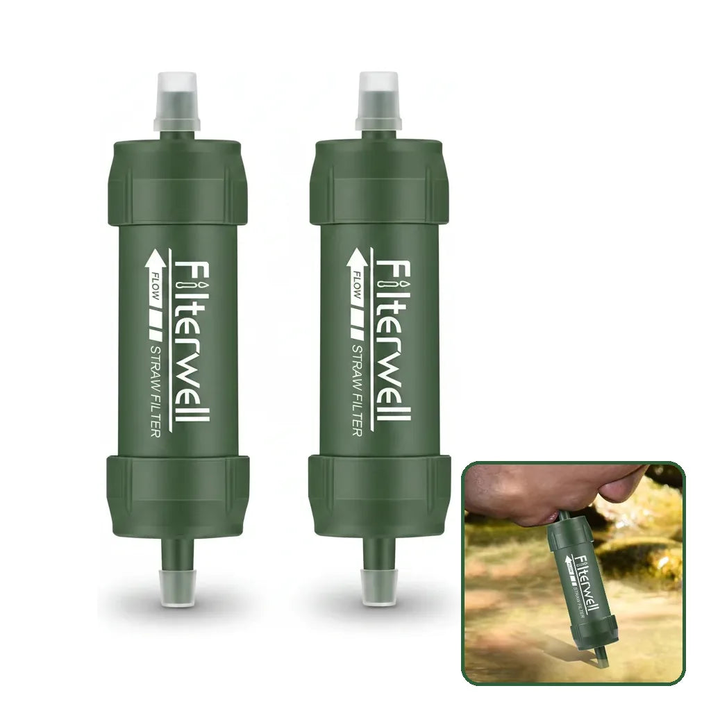 Two army green emergency water filter straws with an inset photo of a man drinking from a stream through one straw