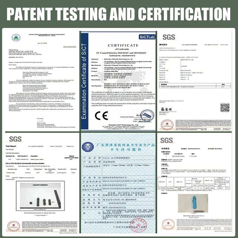 Manufacturer testing and certification documents for the filter straw